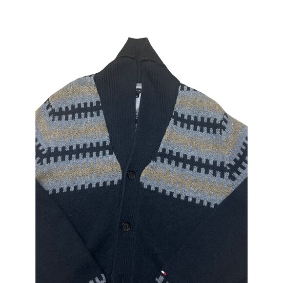 Tommy Hilfiger Navy & Gray Button-Up Cardigan Sweater L 100% Cotton Mens Fair Is - Picture 2 of 5